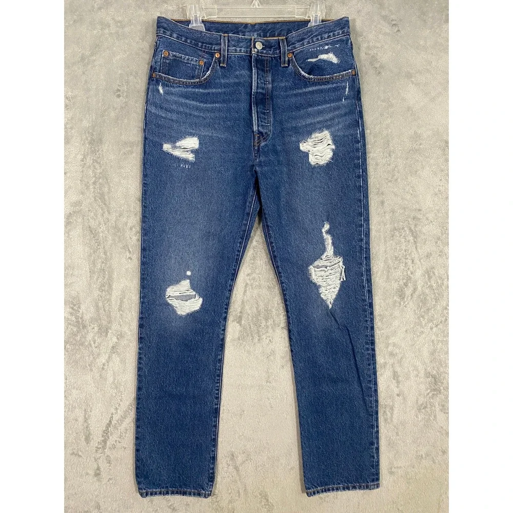 Levi's 501 Jeans 31x32 Blue Reworked Distressed Ripped Button Fly Streetwear